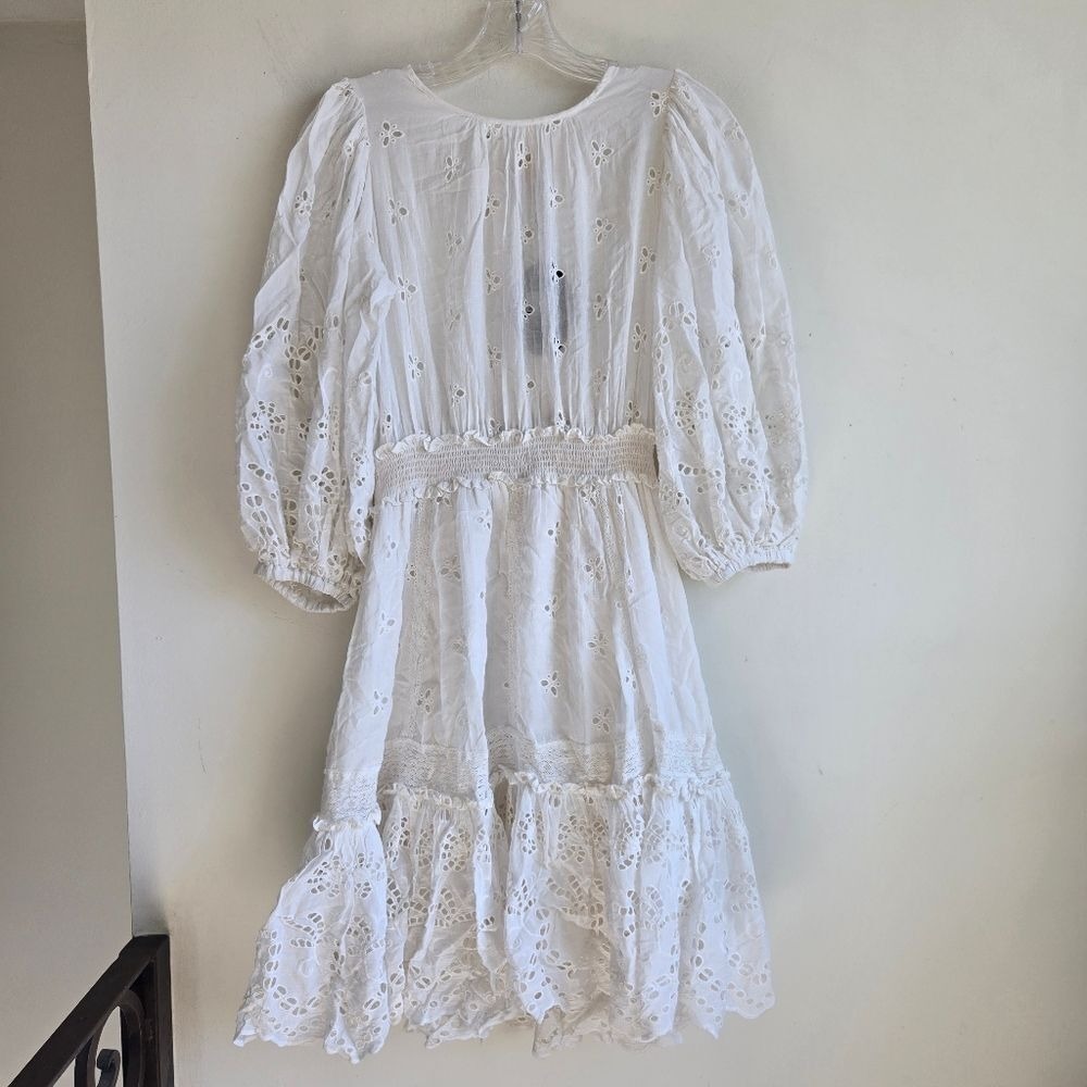 ByTiMo XS Dress Cotton Slub Eyelet Lace See Through Flower White Mini Dress - Picture 2 of 11